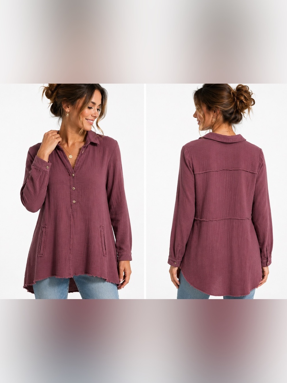 Hem & Thread Russet Gauze Raw Edge Fringe Tunic Shirt Size S